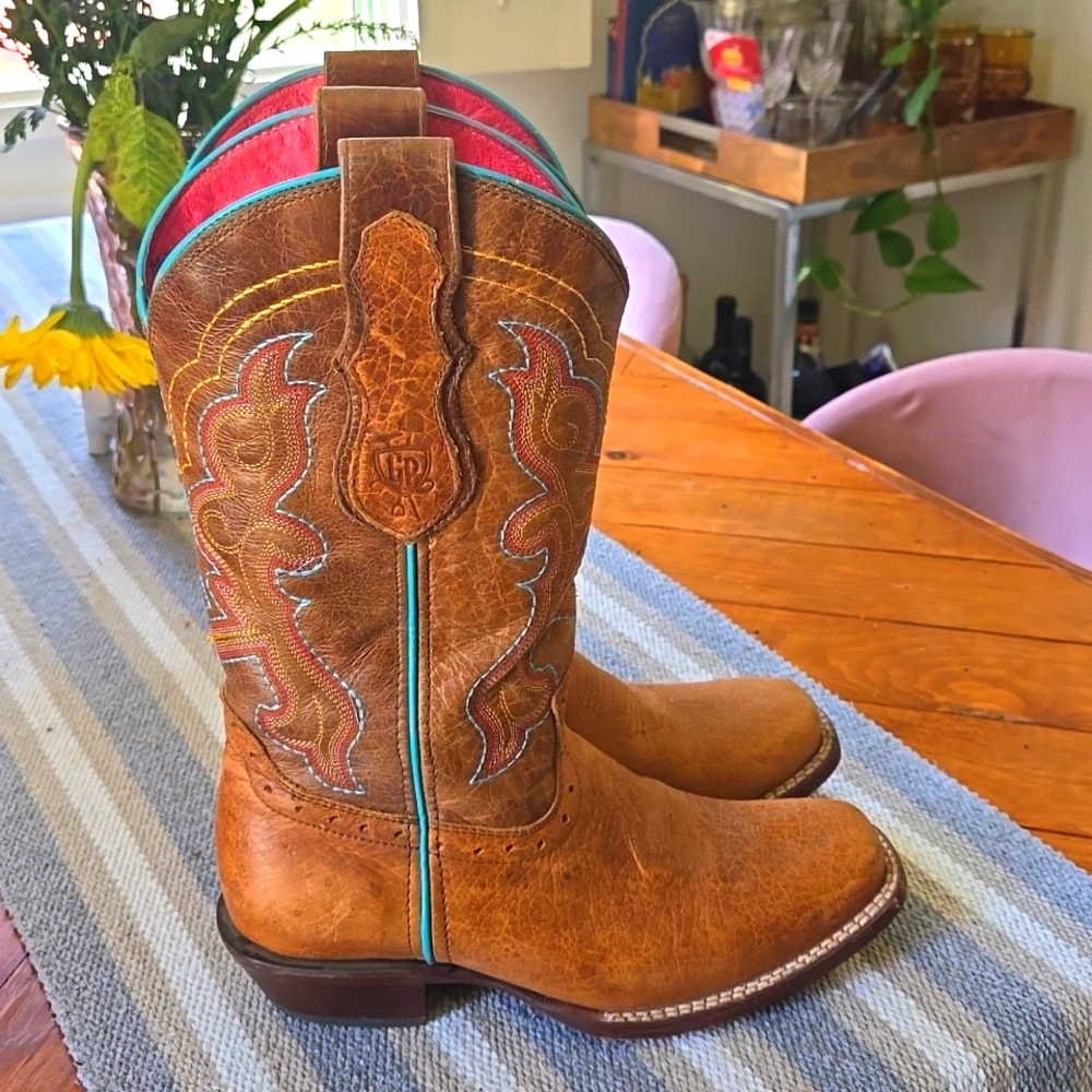 Western boots, women's leather tan with teal and pink accents